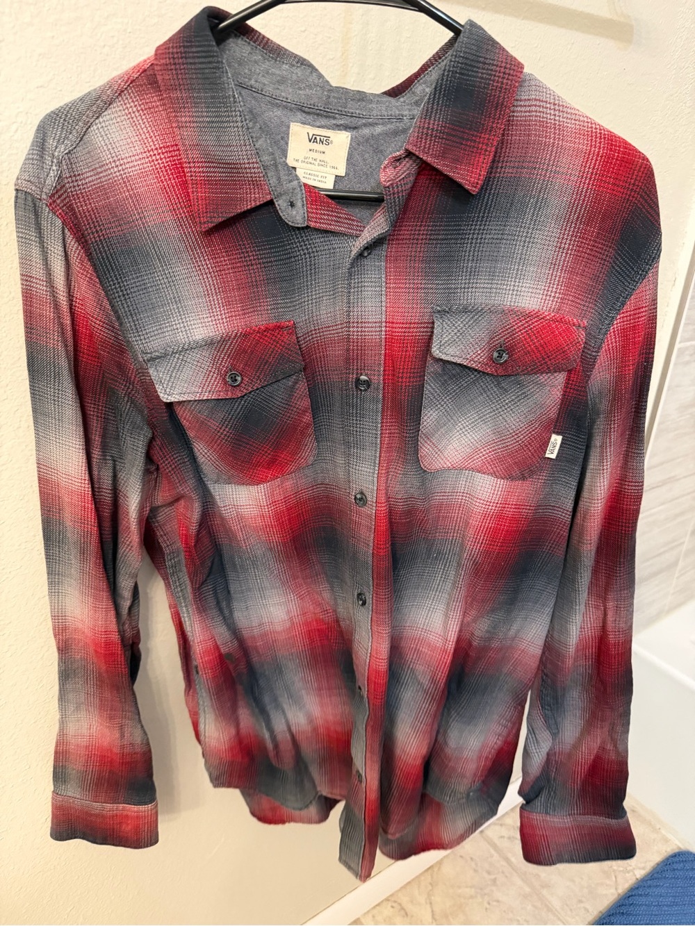 Vans Men's Red and Gray Plaid Long-Sleeve Button-Up Shirt